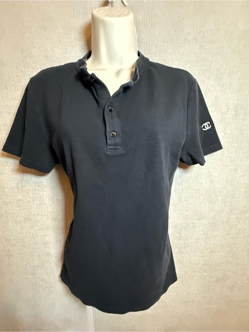 CHANEL Black Short-Sleeve Polo Tee Shirt with Subtle Logo Uniform Top - Picture 2 of 10